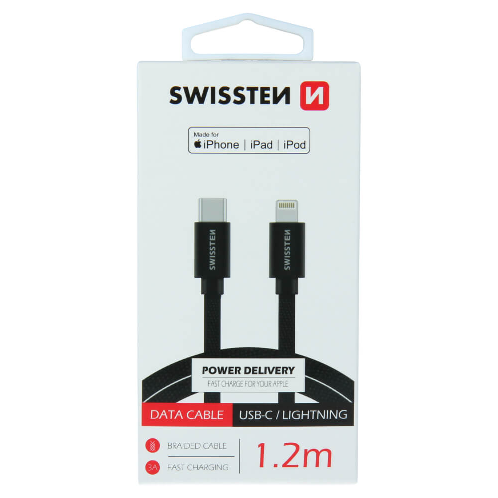 Textilný dátový kábel Swissten USB-C / LIGHTNING MFi 1,2 M - čierny